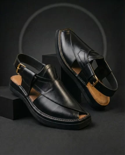 Black Premium Leather Peshawari Chappal for Men – Handmade Black Kaptaan Chappal Pakistan