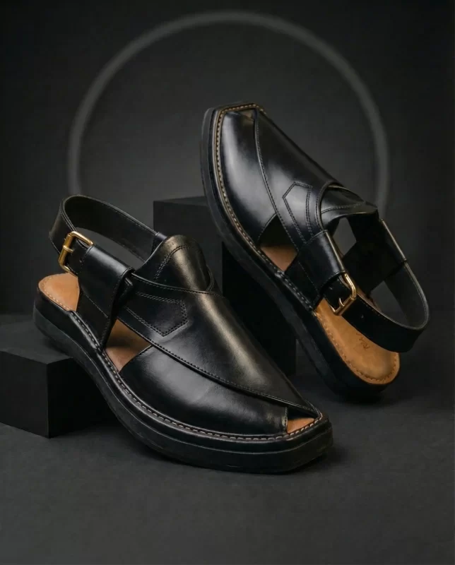 Black Premium Leather Peshawari Chappal for Men – Handmade Black Kaptaan Chappal Pakistan