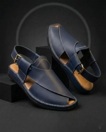Handmade Blue Leather Peshawari Chappal – Traditional Blue Kaptaan Chappal for Men