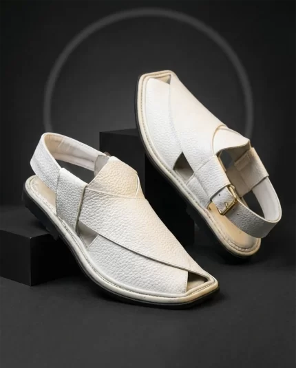 Premium White Textured Leather Peshawari Chappal – Handmade Kaptaan Chappal for Men