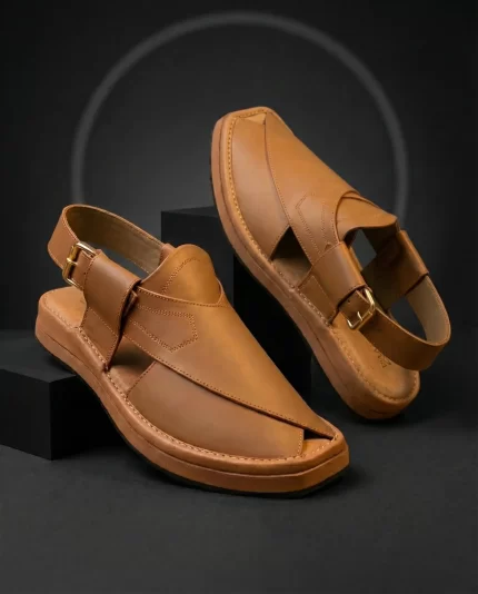 Handmade tan leather Peshawari chappal with gold buckle ankle strap – Zar Qadam by Mafizay