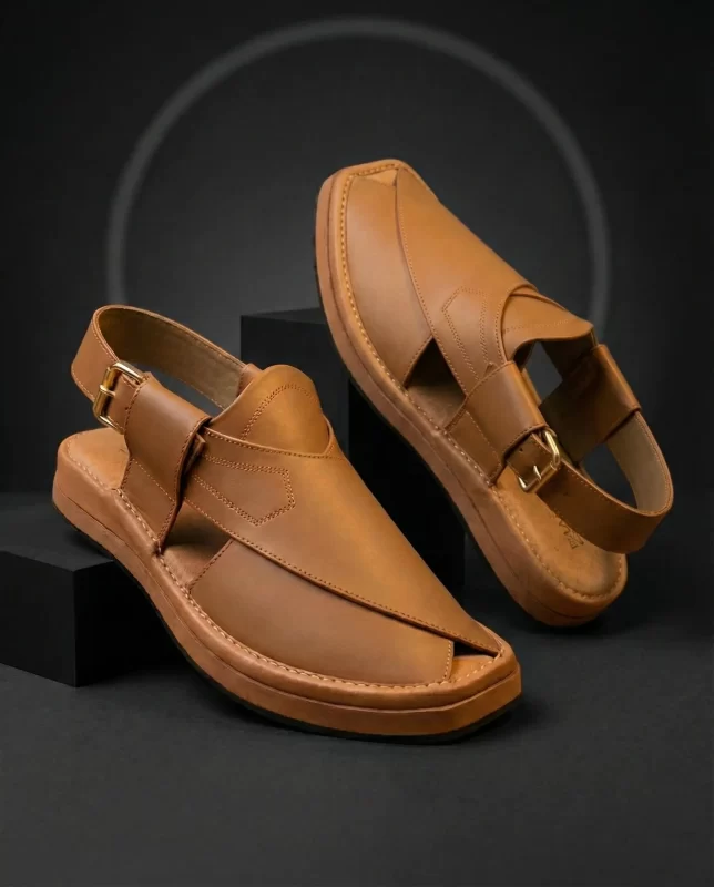 Handmade tan leather Peshawari chappal with gold buckle ankle strap – Zar Qadam by Mafizay