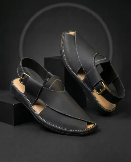 Aabnus custom handmade black leather Peshawari chappal with white contrast stitching and brass buckle – Mafizay