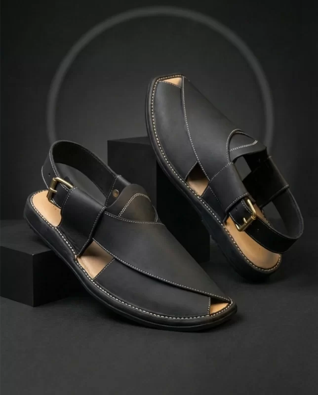 Aabnus custom handmade black leather Peshawari chappal with white contrast stitching and brass buckle – Mafizay