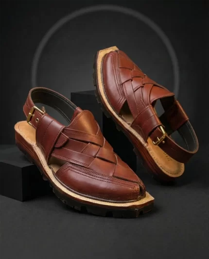 Chinar handmade woven leather Kheri chappal with lug sole and brass buckle in mahogany brown – Mafizay