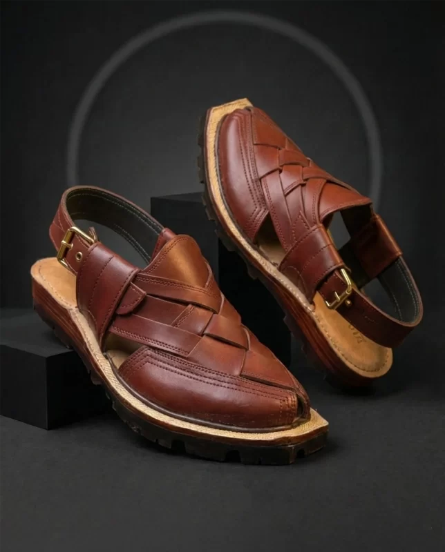 Chinar handmade woven leather Kheri chappal with lug sole and brass buckle in mahogany brown – Mafizay