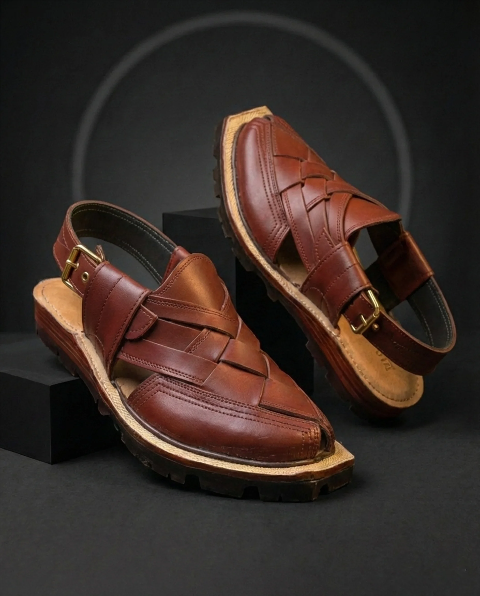 Chinar handmade woven leather Kheri chappal with lug sole and brass buckle in mahogany brown – Mafizay