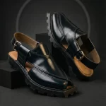 Custom handmade black leather Peshawari chappal with lug sole – Mafizay