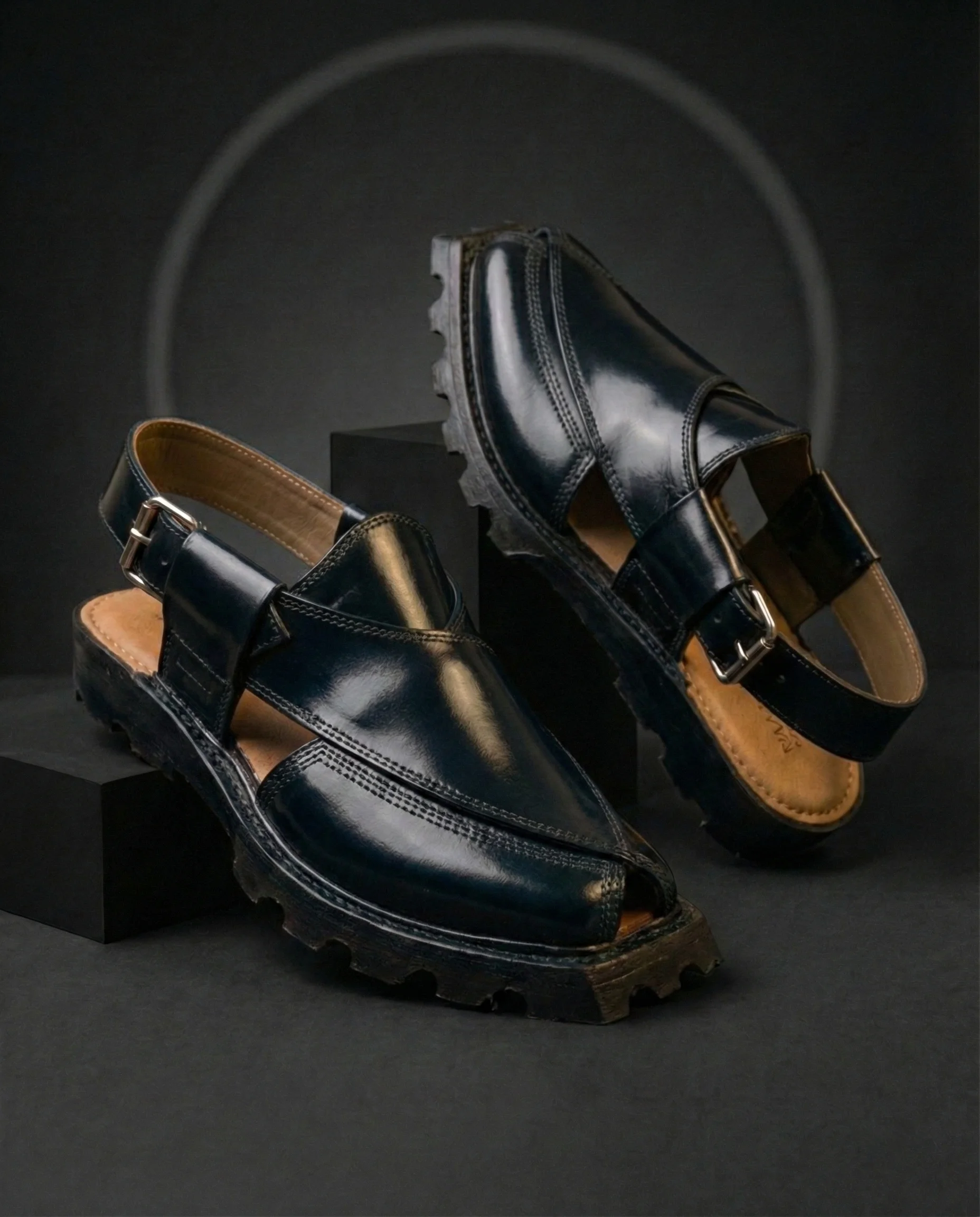 Custom handmade black leather Peshawari chappal with lug sole – Mafizay