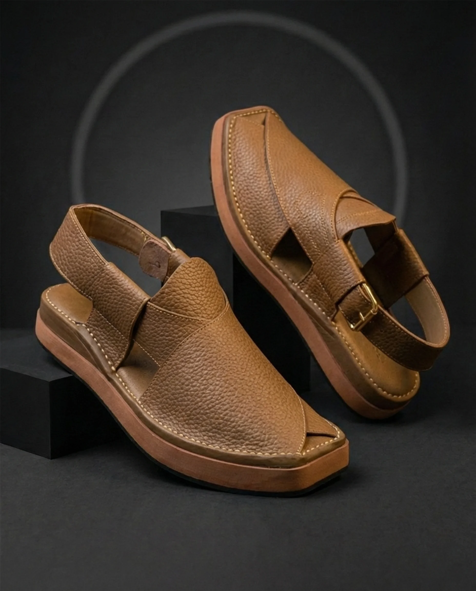 Khaaki custom handmade brown leather Kheri chappal with platform sole and gold buckle – Mafizay